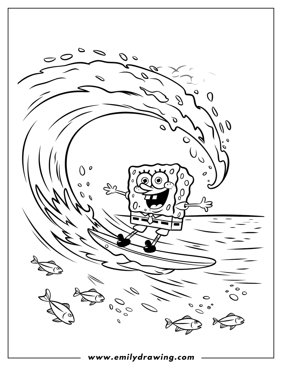 Spongebob Squarepants surfing a large wave with small fish swimming nearby.