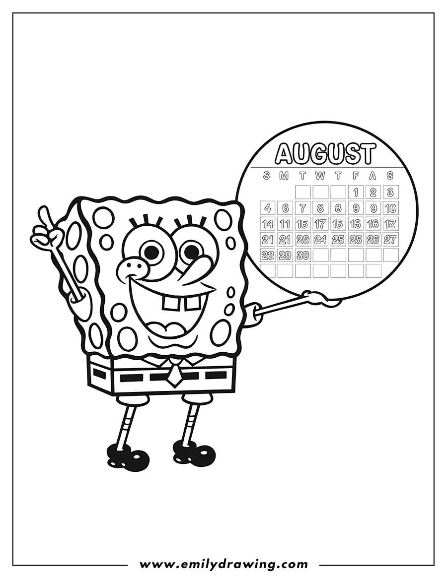 Line art of Spongebob Squarepants pointing at an August calendar. He looks cheerful, possibly indicating an upcoming event.