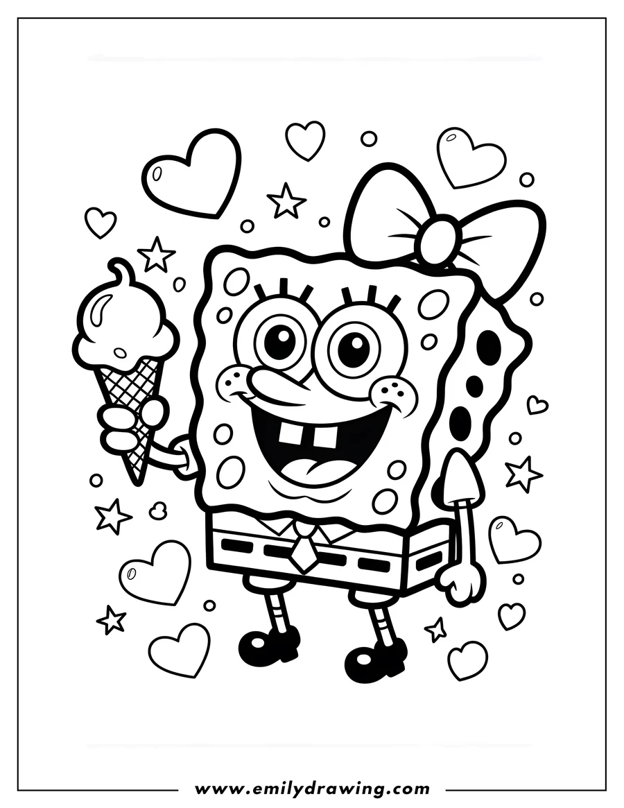 Line art of Spongebob Squarepants holding an ice cream cone, wearing a bow, and surrounded by hearts and stars.