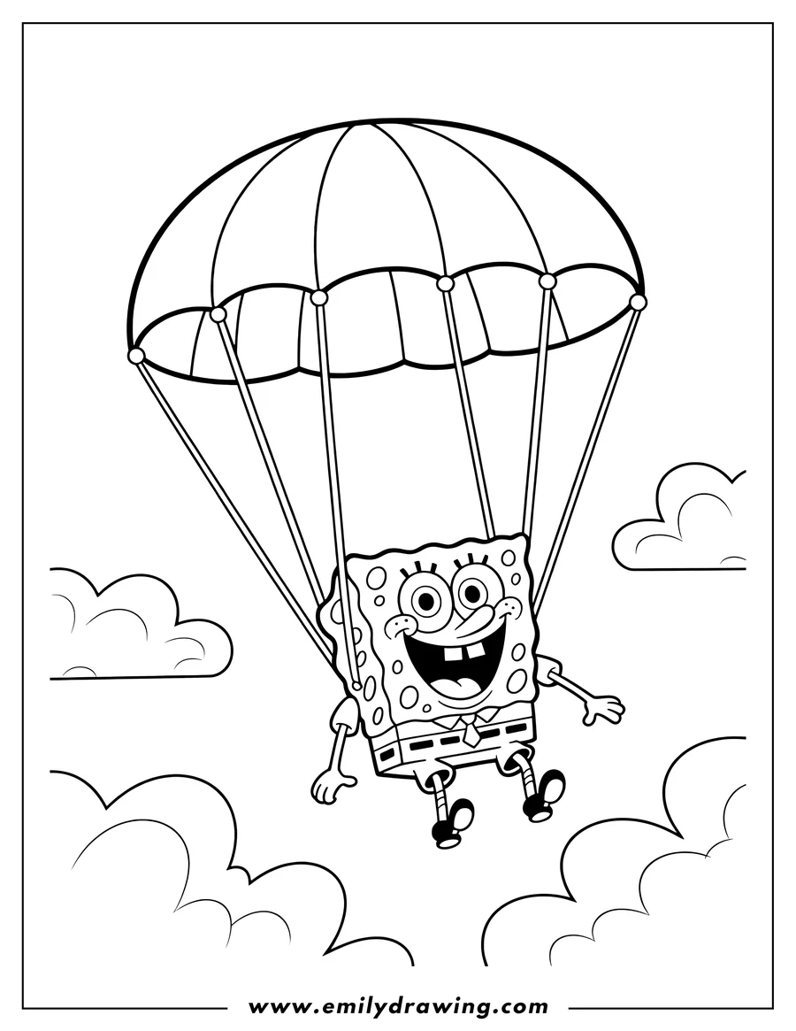 Line art of Spongebob Squarepants with a parachute, floating down from the sky with clouds around him.