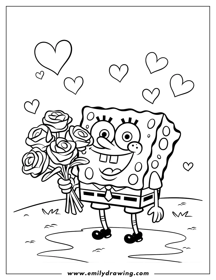 Line art of Spongebob Squarepants holding a bouquet of roses, surrounded by floating hearts.