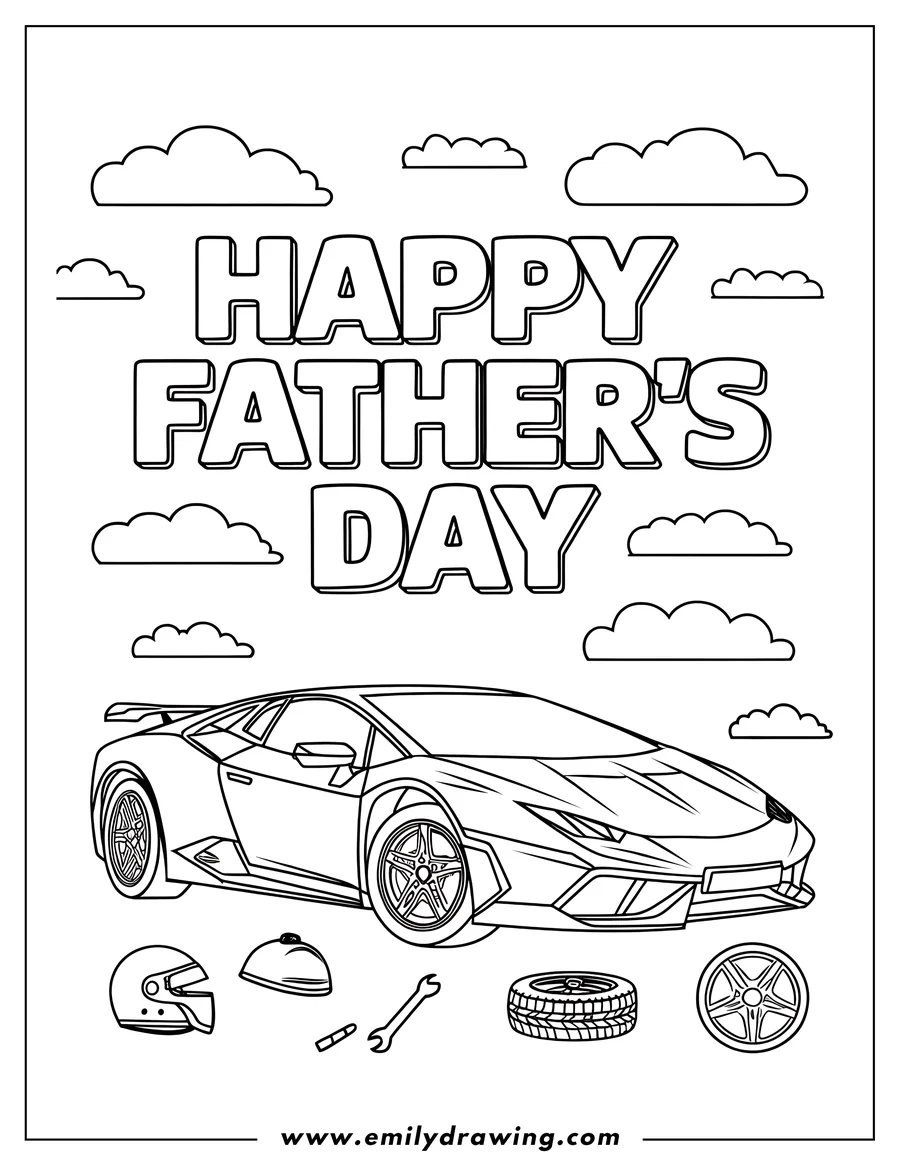 Line art of a sports car with accessories like a helmet, hubcap, tire, and wrench. Perfect for Father's Day.