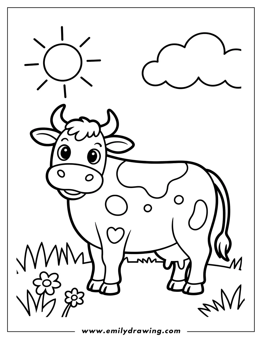 Line drawing of a cow with spots, including a distinctive heart-shaped spot, standing in a field with flowers under a sunny sky.