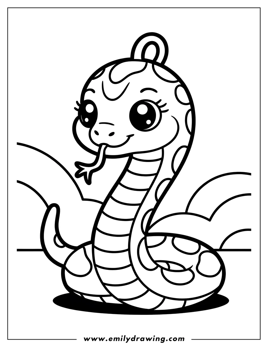 Line art of a spotted snake with large, friendly eyes and a curled tail.