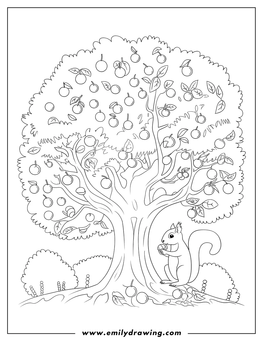 Outline of a squirrel sitting under an apple tree holding a nut