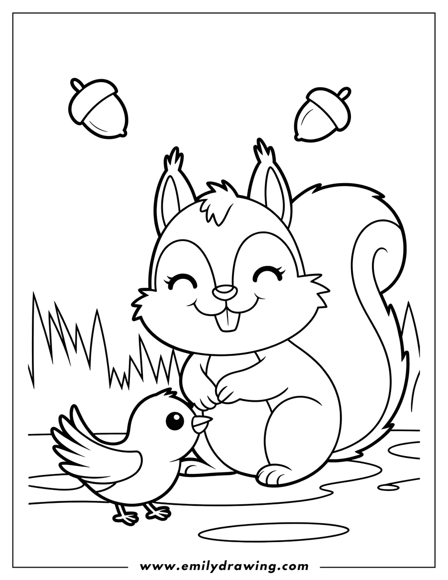 Outline of a friendly squirrel and a small bird. Two acorns are visible in the background.