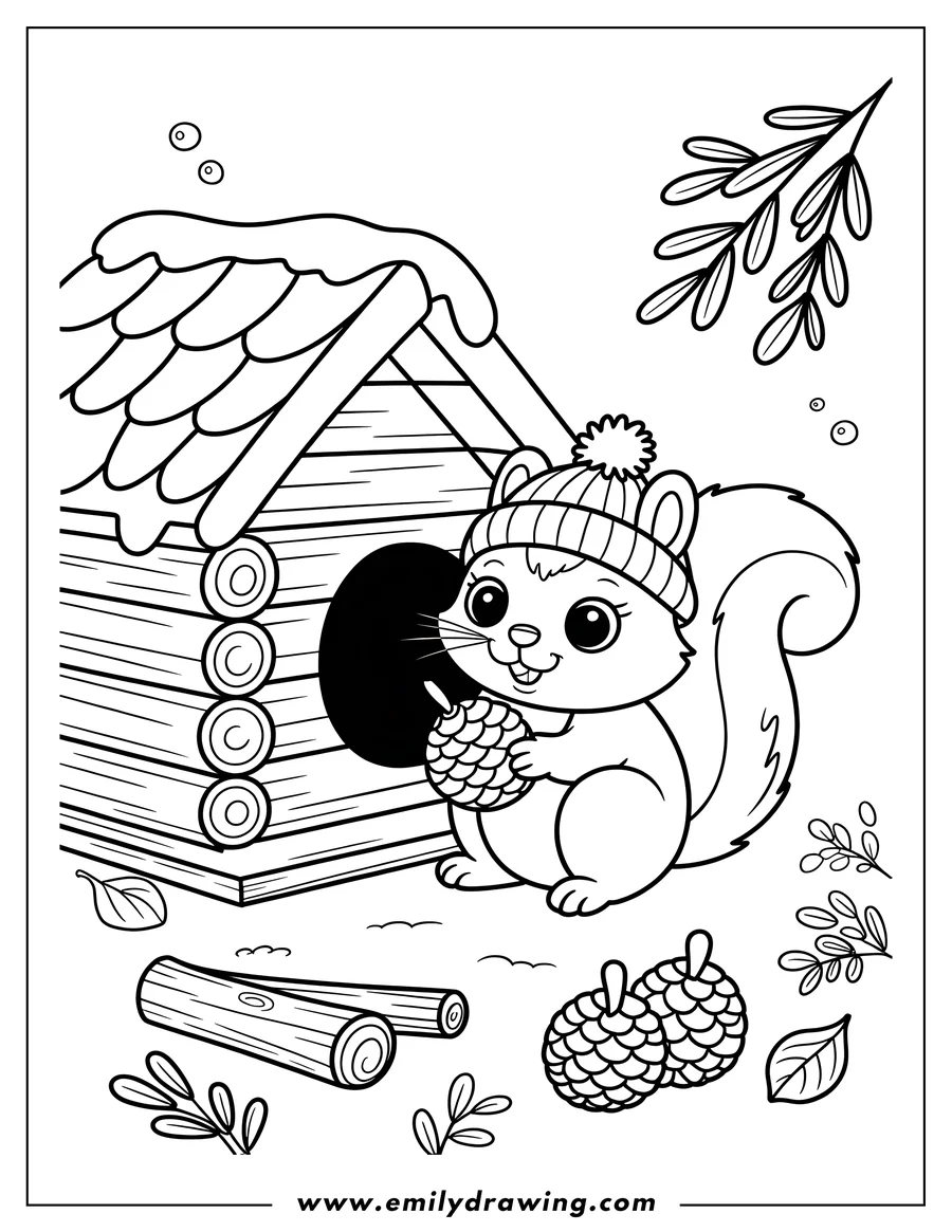Outline of a squirrel wearing a winter hat and holding a pine cone, standing near its small wooden house with snow on the roof.