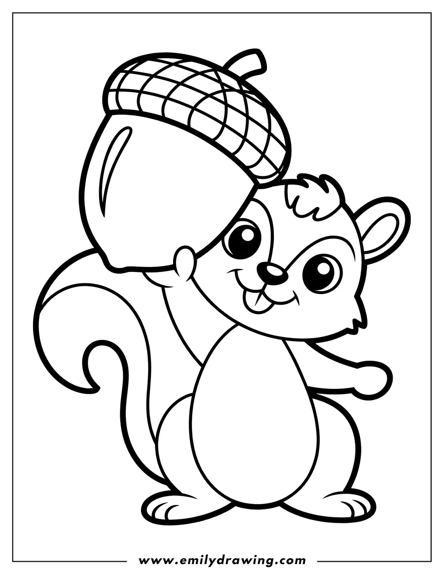 Line art of a cheerful squirrel carrying a large acorn.