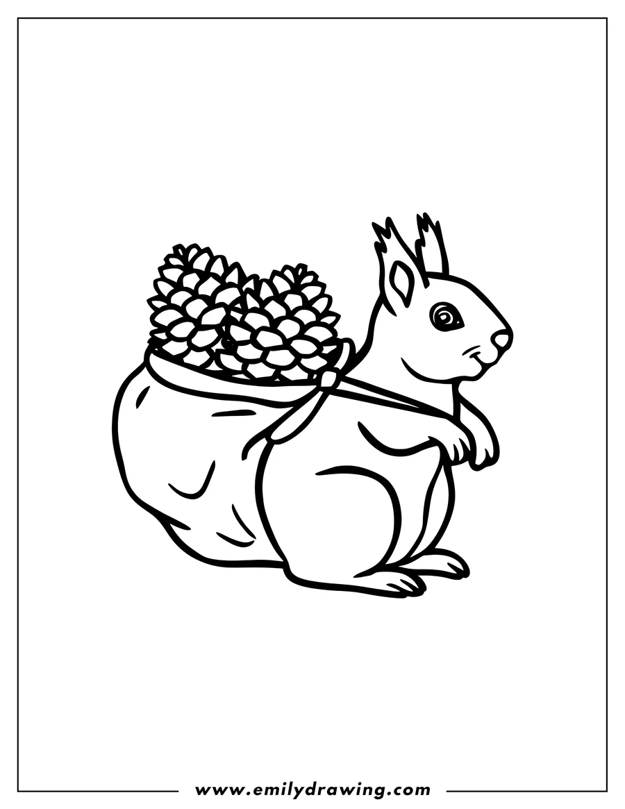 Outline of a squirrel carrying a bag of pine cones on its back.