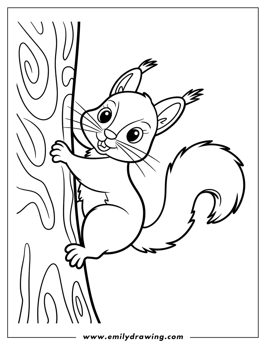 Outline of a cheerful squirrel climbing a tree trunk.