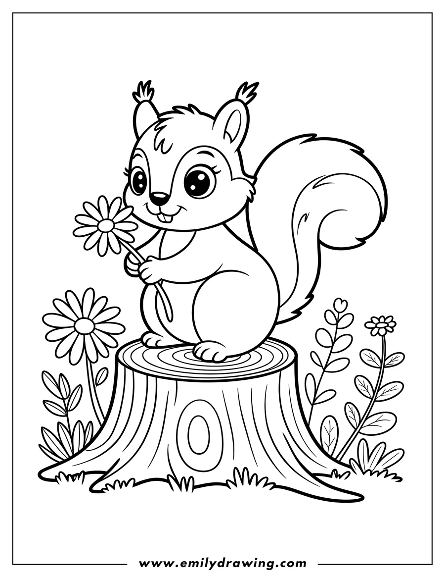 Outline of a friendly squirrel holding a daisy while perched on a tree stump, surrounded by small flowers and foliage.