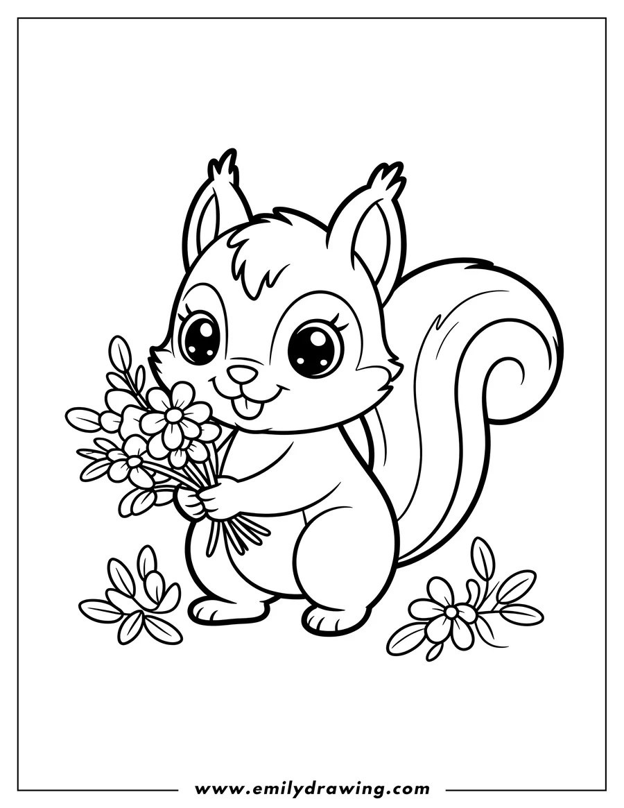 Outline of a cheerful squirrel holding a bouquet of flowers.