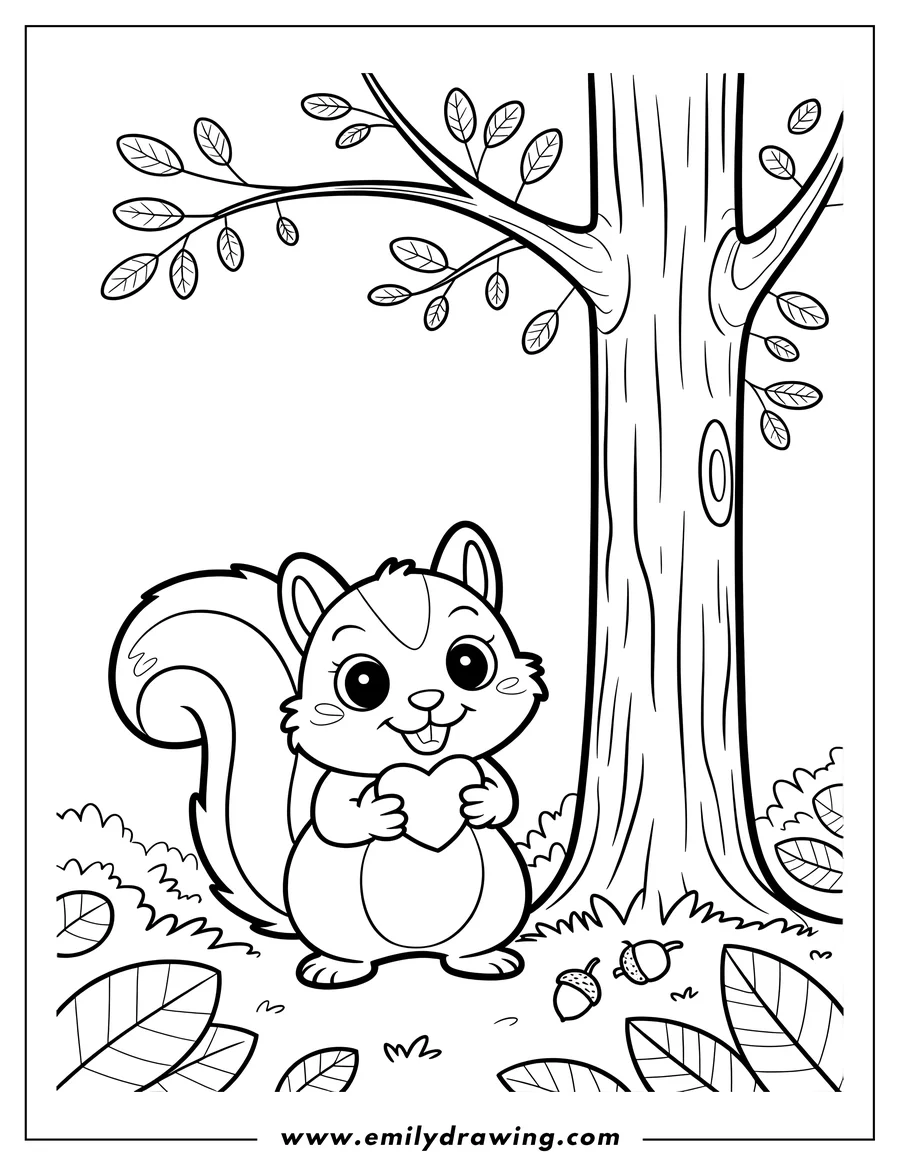 Outline of a cute squirrel holding a large heart, standing near a tree with acorns and leaves scattered around.