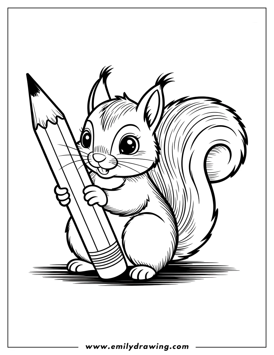 Outline of a friendly squirrel holding a large pencil.