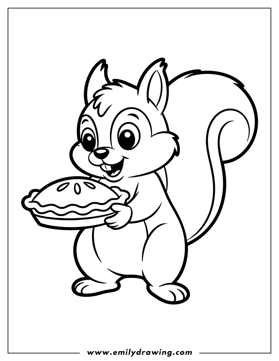 Outline of a cheerful squirrel holding a pie