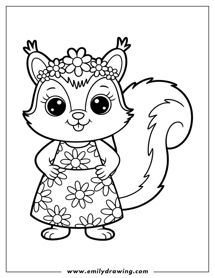 Outline of a squirrel wearing a dress covered in daisies and a crown of flowers.