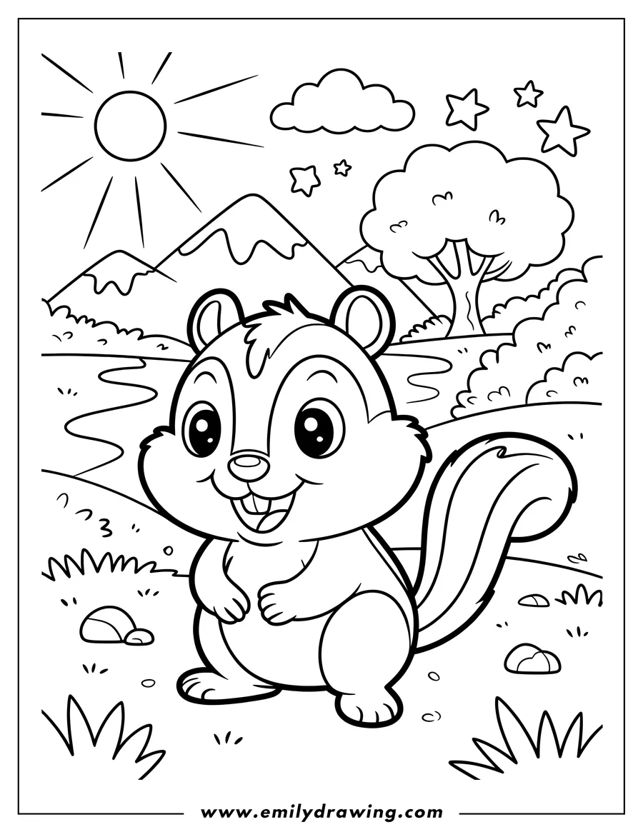 Outline of a friendly squirrel standing in a natural setting with a tree, stream, mountains, and sun in the background.