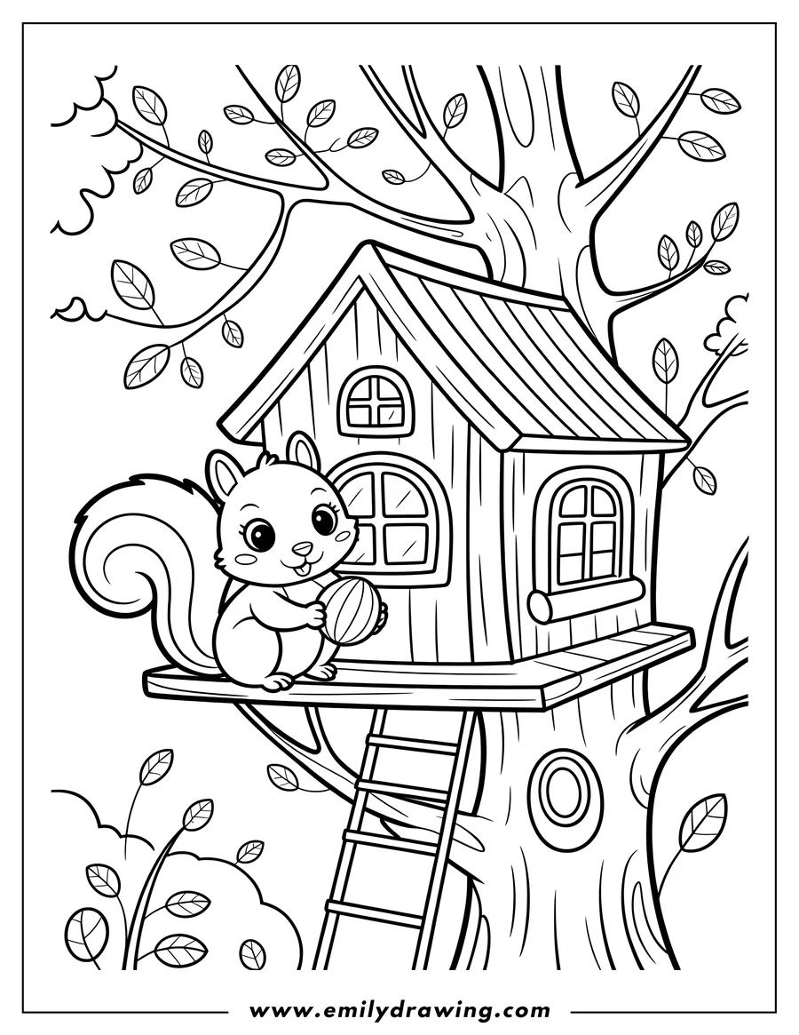 Outline of a squirrel holding an acorn in its treehouse, complete with windows, a roof, and a ladder.