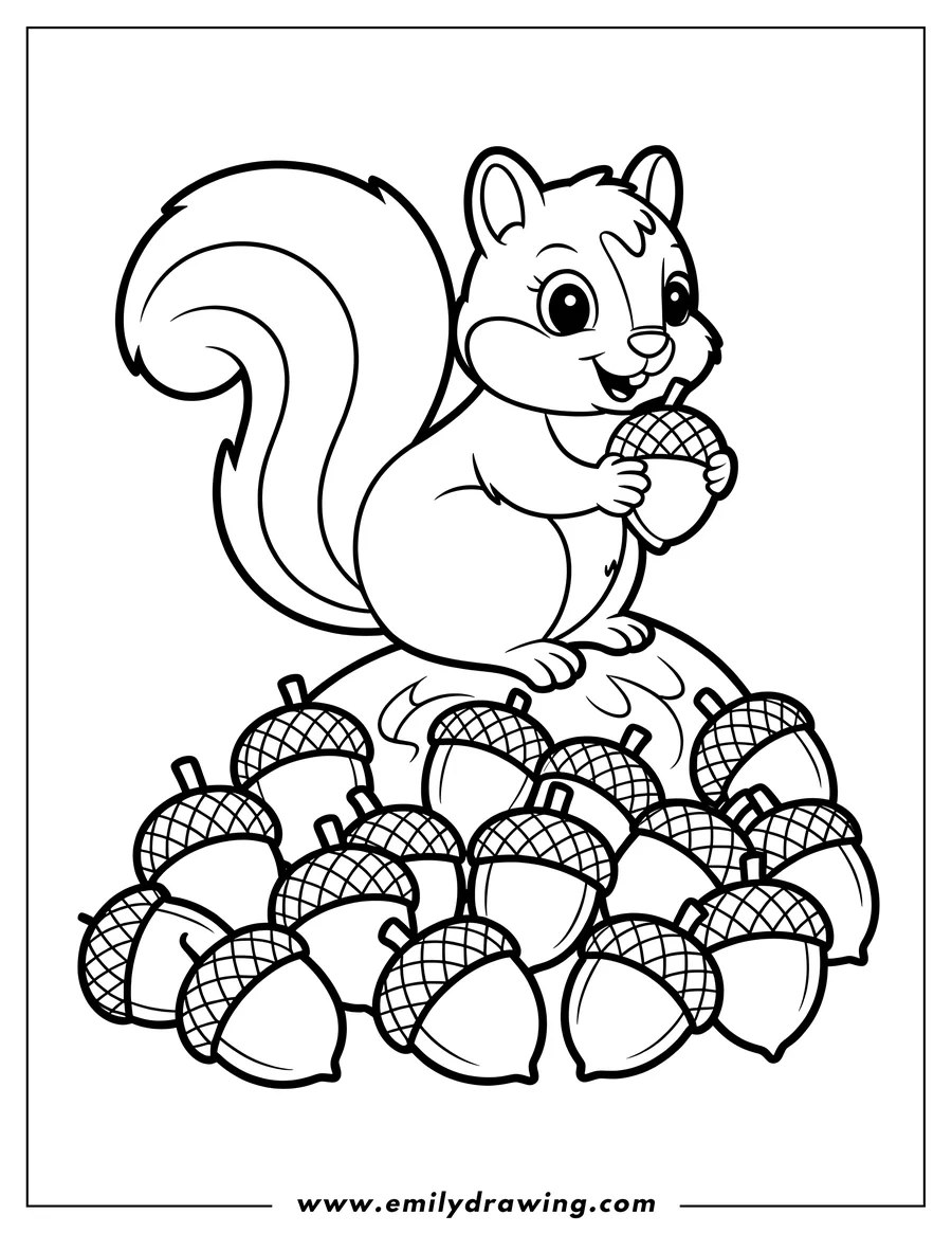 Outline of a cheerful squirrel sitting on a pile of acorns, holding one in its paws.