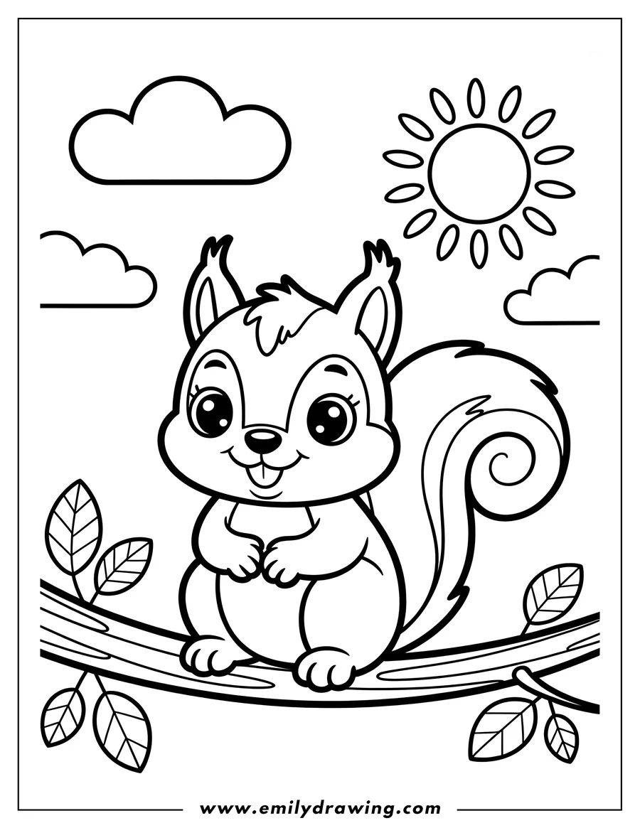 Outline of a cute squirrel sitting on a tree branch with leaves, under a sunny sky with clouds.