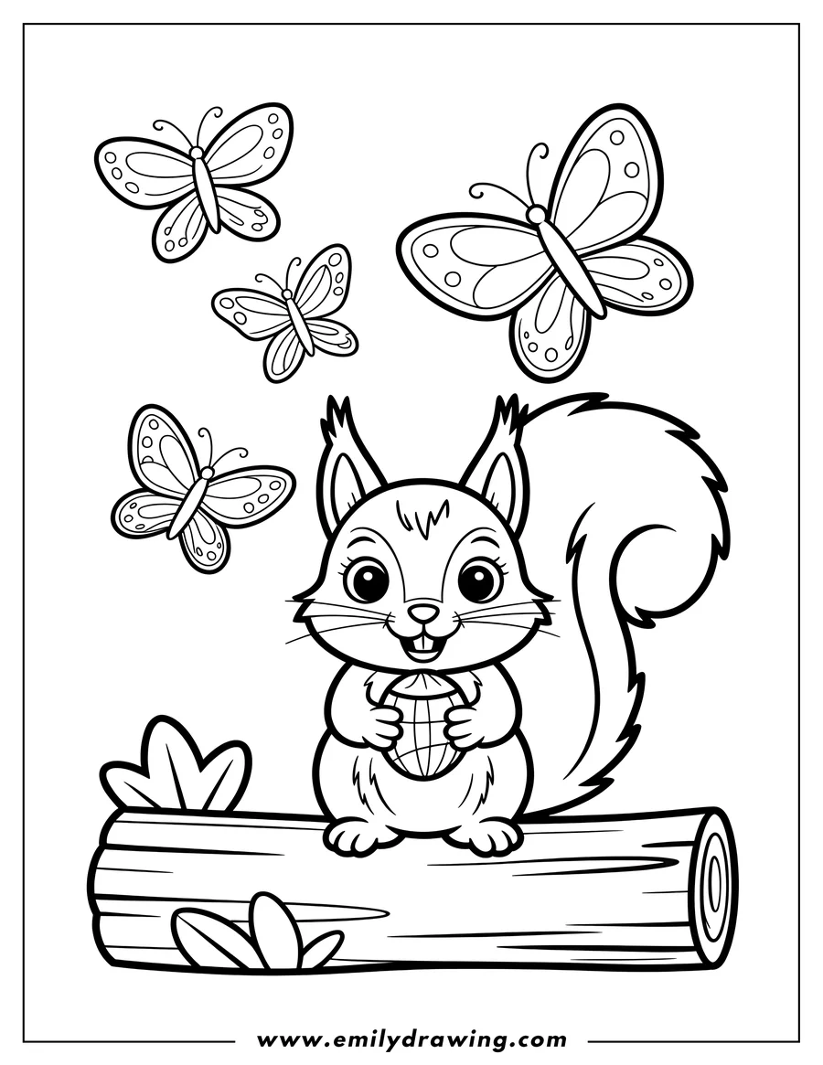 Outline of a squirrel sitting on a log, holding an acorn, with butterflies fluttering around.