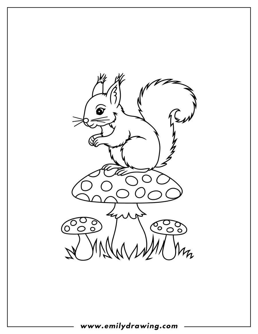 Outline of a squirrel sitting on a spotted mushroom, with two smaller mushrooms and grass at the base.