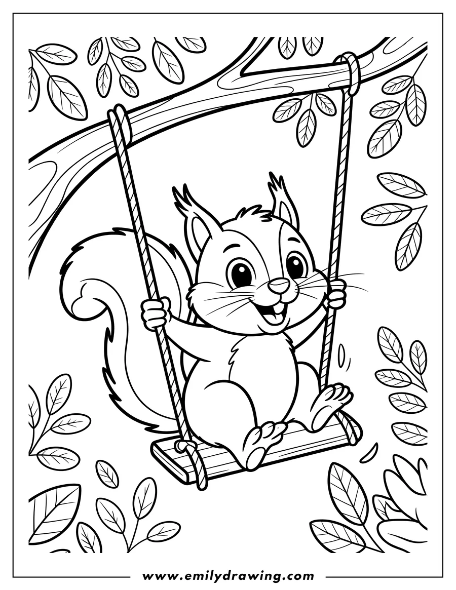 Outline of a happy squirrel swinging on a rope swing attached to a tree branch, surrounded by leaves.