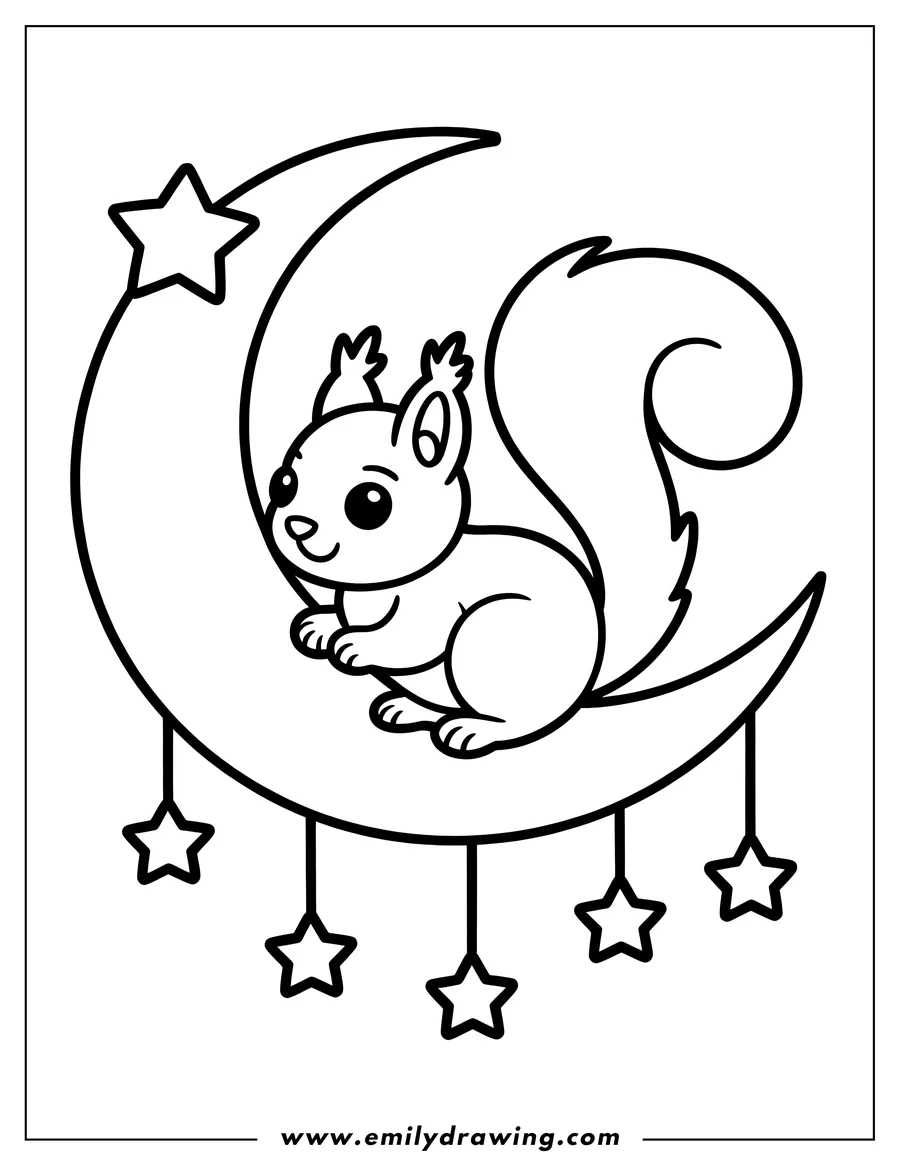 Outline of a squirrel sitting on a crescent moon decorated with hanging stars.