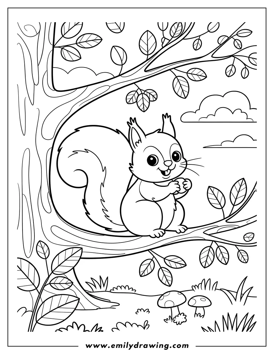 Outline of a friendly squirrel sitting on a tree branch, holding something small in its paws. There are mushrooms and grass below, implying a forest floor setting.
