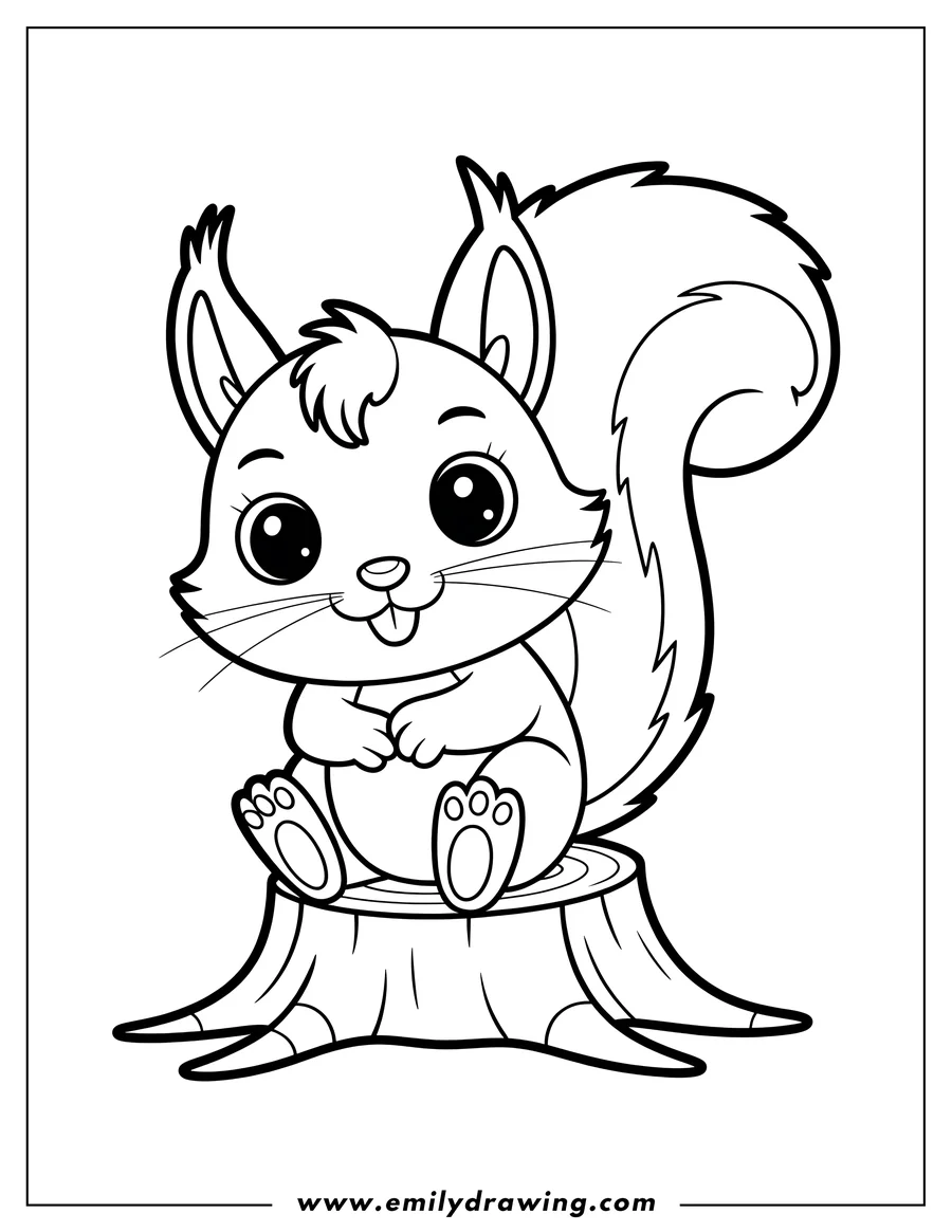 Outline of a squirrel sitting on a tree stump.