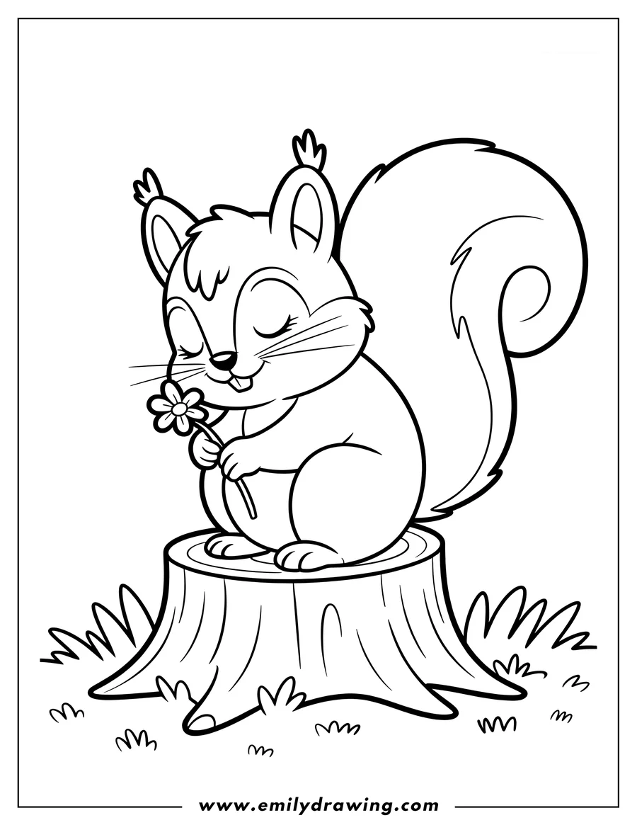 Outline of a squirrel sitting on a tree stump holding a small flower.