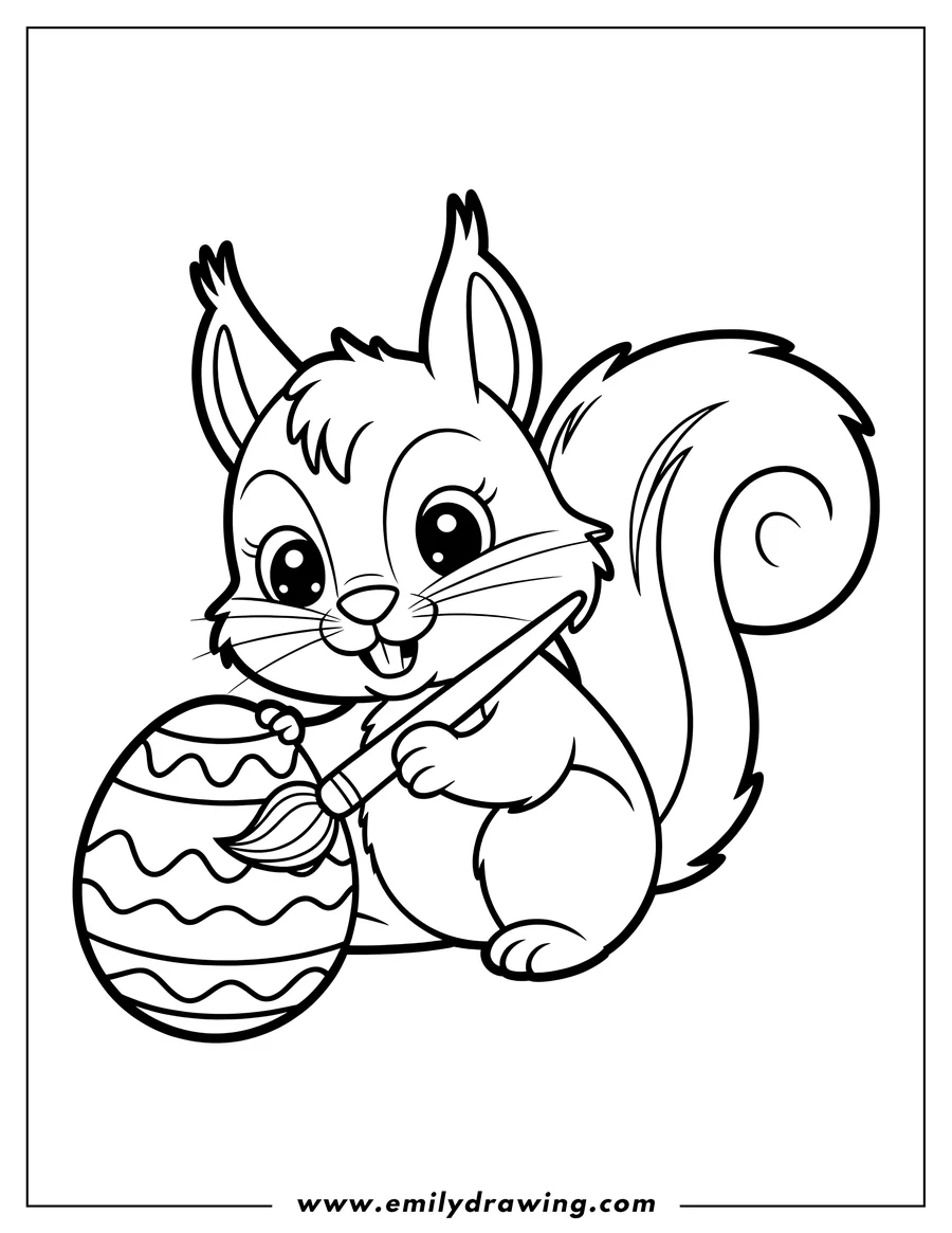 Outline of a squirrel painting an Easter egg with a paintbrush.