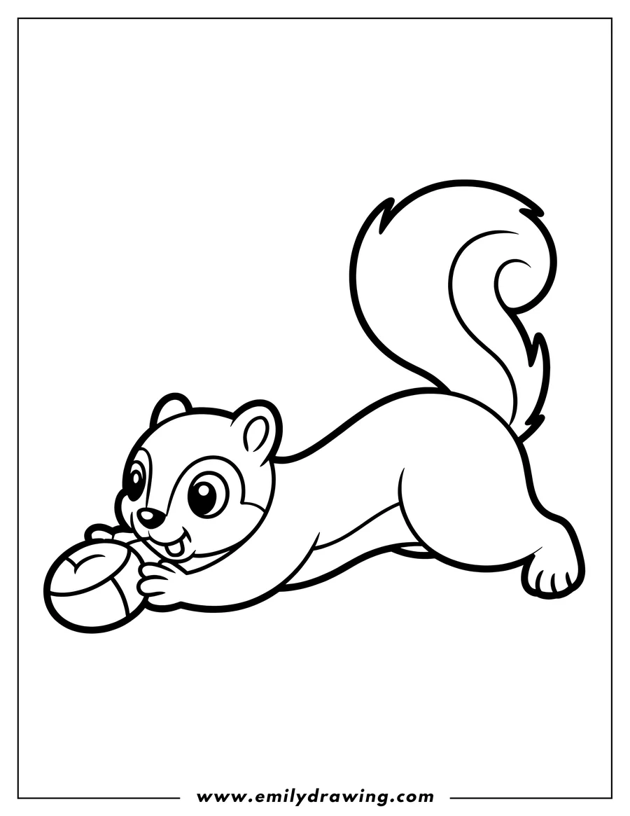 Line art of a playful squirrel reaching for an acorn. It has a large, bushy tail and is smiling.