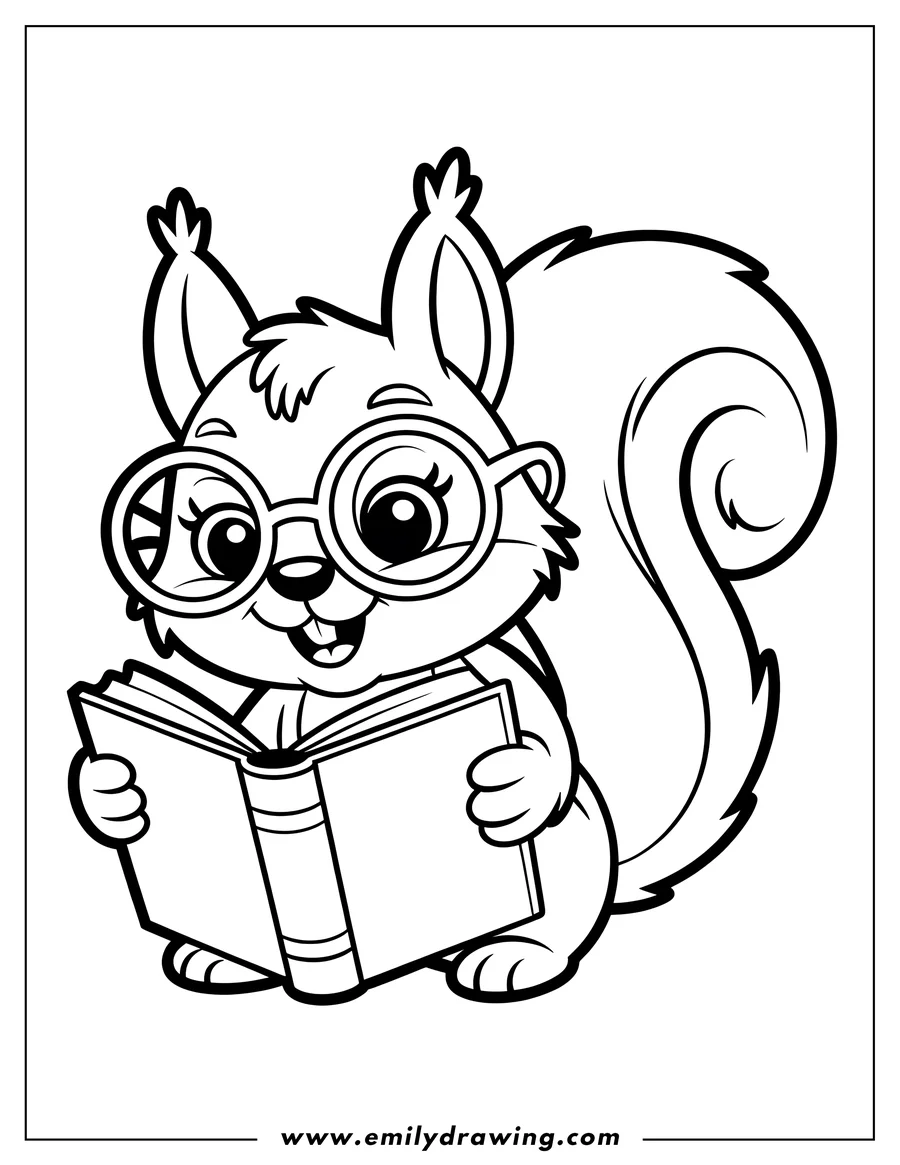 Line art of a squirrel wearing glasses and reading a book.