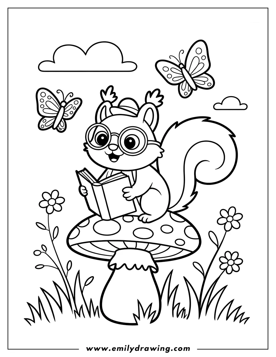 Outline of a squirrel wearing glasses and reading a book while sitting on a large mushroom, with butterflies and flowers nearby.