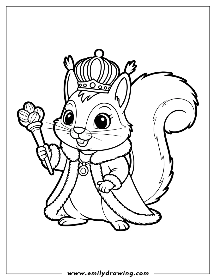 Outline of a squirrel wearing a crown, robe, and holding a scepter.