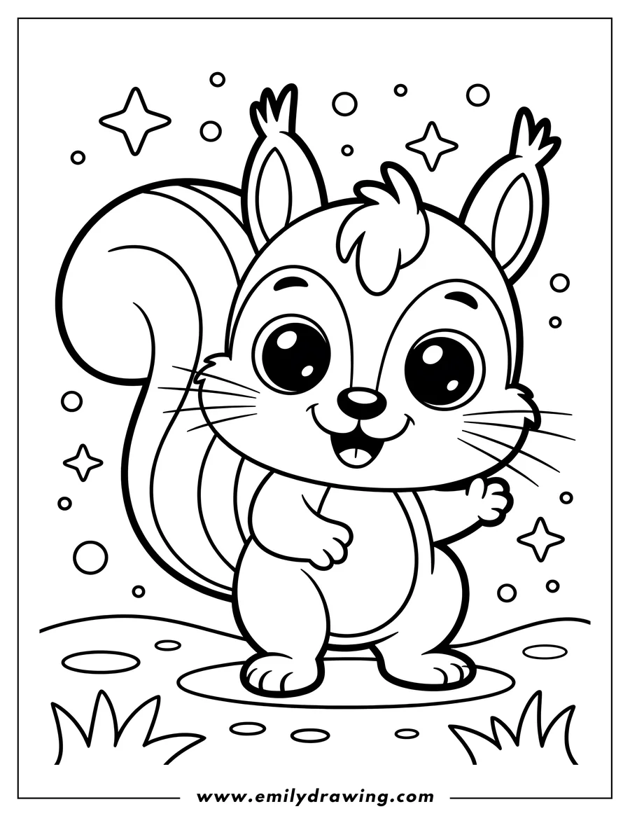 Outline of a friendly squirrel waving, with big eyes and a bushy tail. It stands on a simple ground with small tufts of grass. Little stars and circles decorate the background.