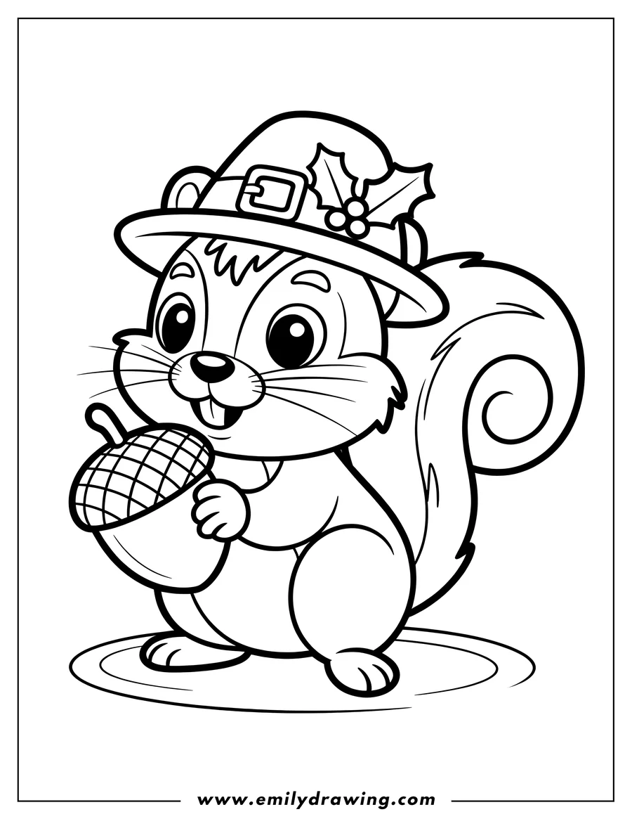 Line art of a squirrel holding an acorn, wearing a festive hat with holly berries.