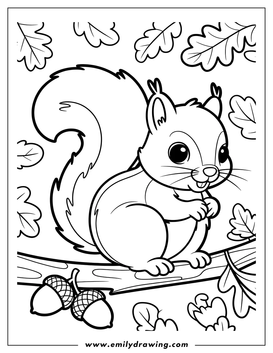 Line art of a squirrel sitting on a branch with acorns and oak leaves. Perfect for fall coloring fun.