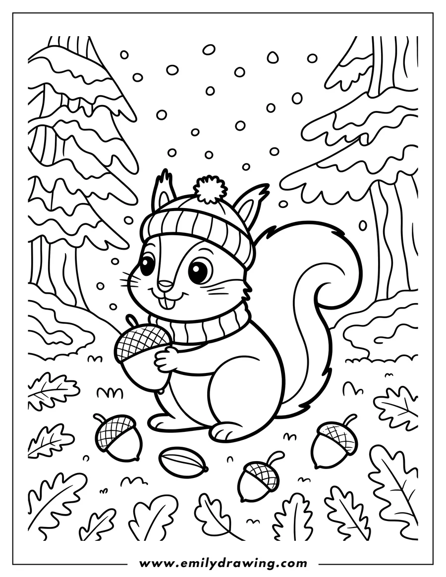 Outline of a squirrel wearing a winter hat and scarf, holding an acorn, surrounded by acorns and oak leaves, with snowy pine trees in the background.