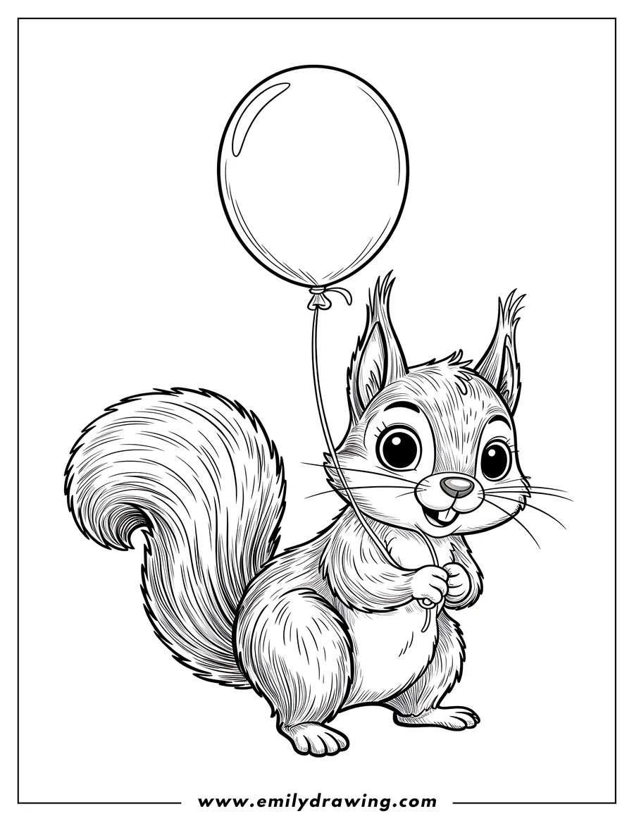 Outline of a cheerful squirrel holding a balloon. It has a large, bushy tail and is smiling.