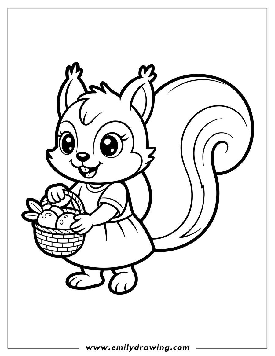 Outline of a friendly squirrel holding a basket of acorns.