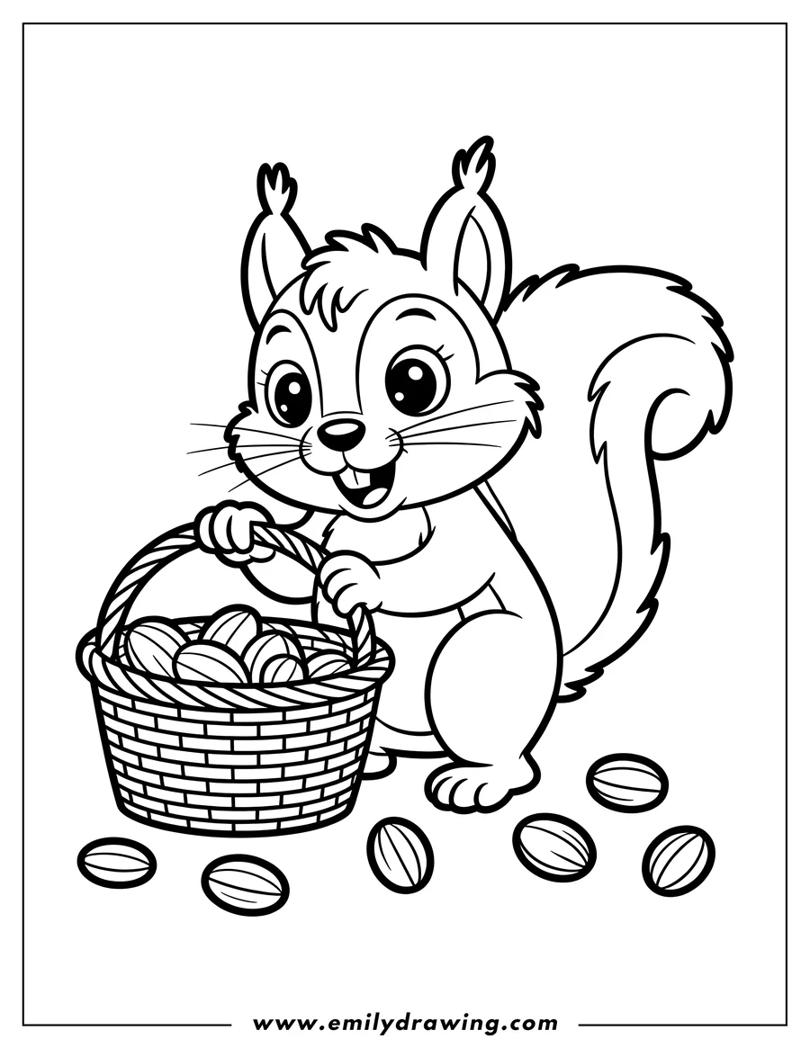 Outline of a cheerful squirrel holding a basket full of nuts. Several nuts are scattered around its feet.