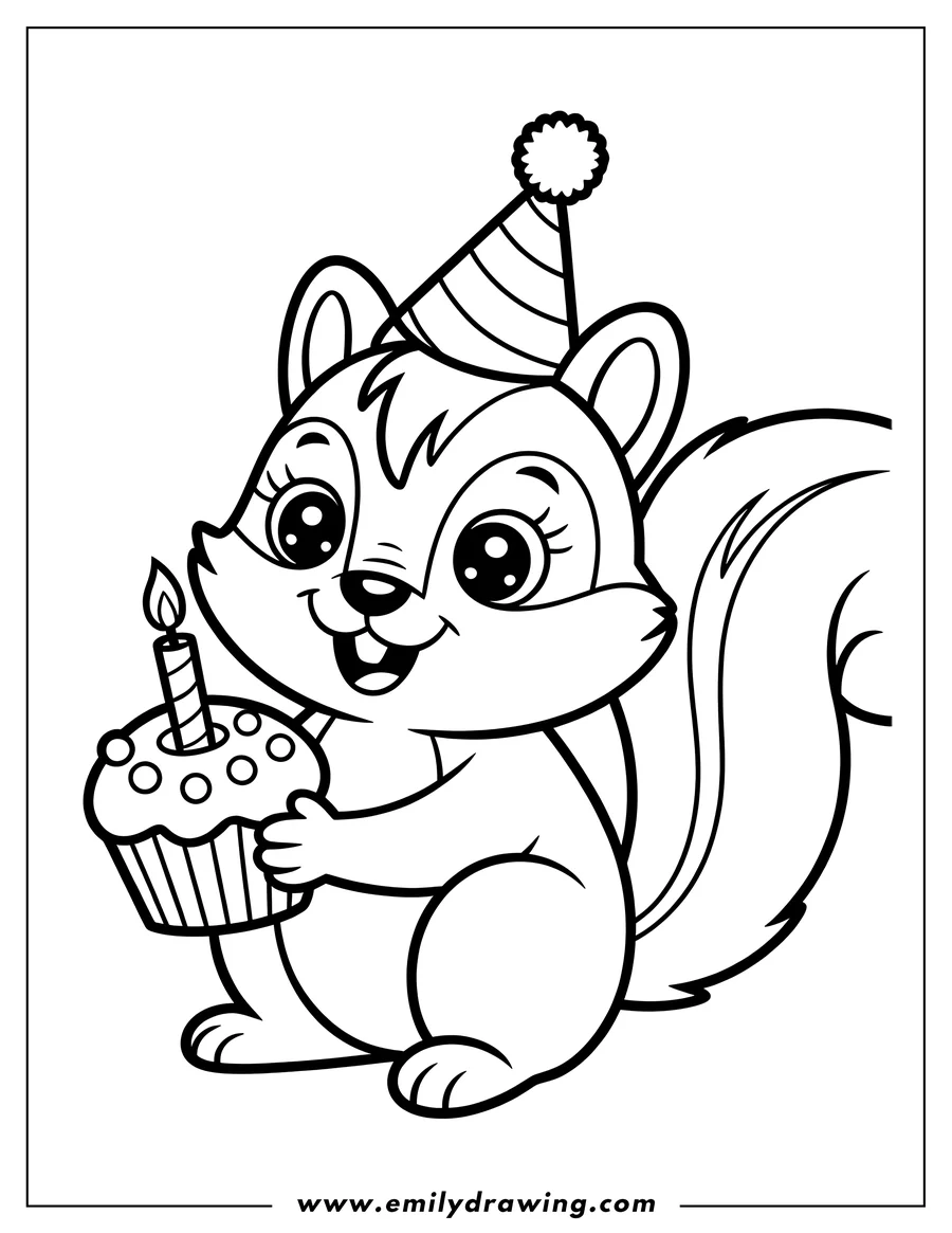Outline of a cheerful squirrel holding a birthday cupcake with a lit candle, wearing a party hat.