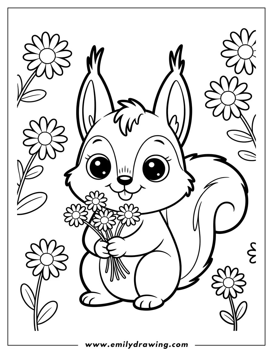 Outline of a cheerful squirrel holding a small bouquet of daisies, surrounded by more daisy flowers.
