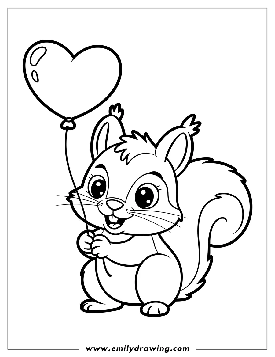 Outline of a happy squirrel holding a heart-shaped balloon.