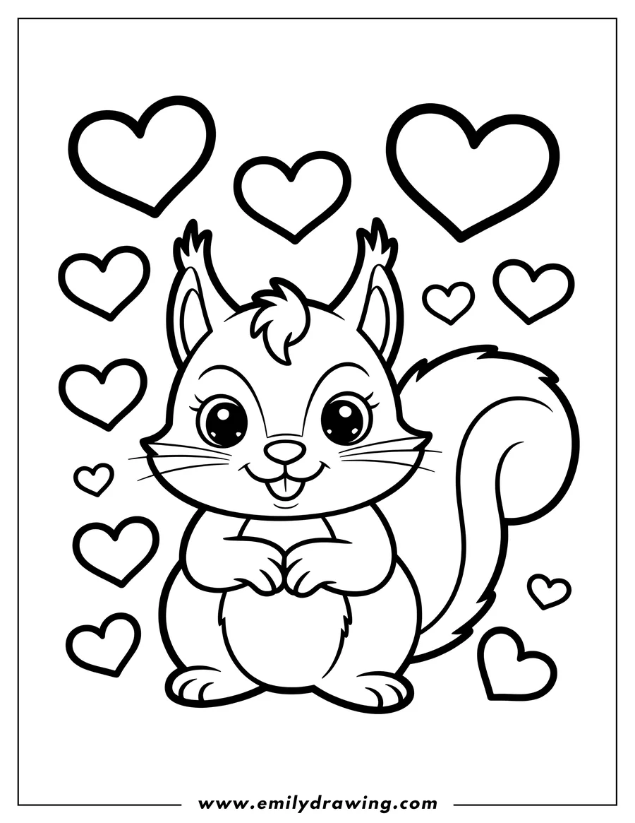 Outline of a cute squirrel surrounded by hearts. It looks happy and ready to be colored.