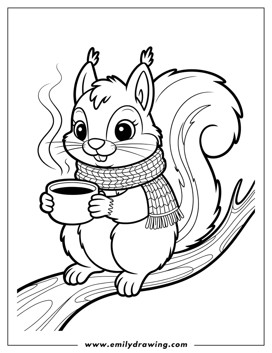 Outline of a squirrel wearing a scarf and holding a steaming mug on a tree branch.