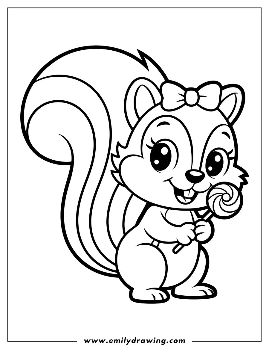 Outline of a squirrel holding a lollipop, with a bow on its head.