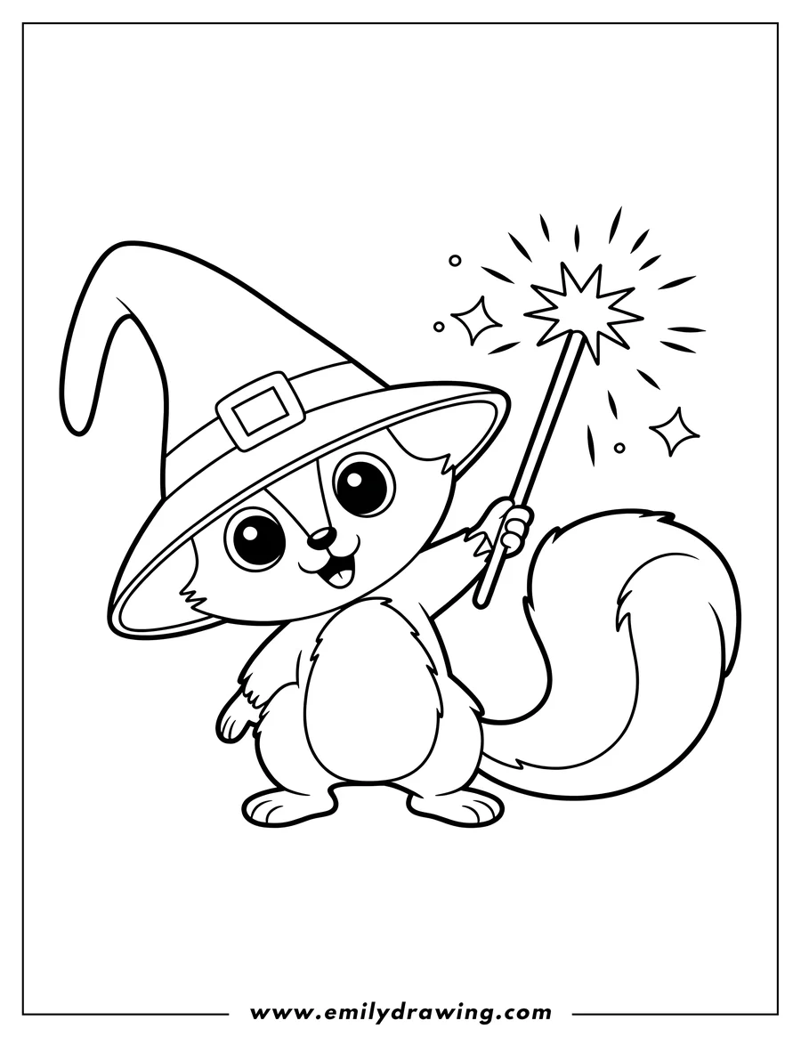 Outline of a squirrel wearing a wizard hat and holding a magic wand with sparkles.